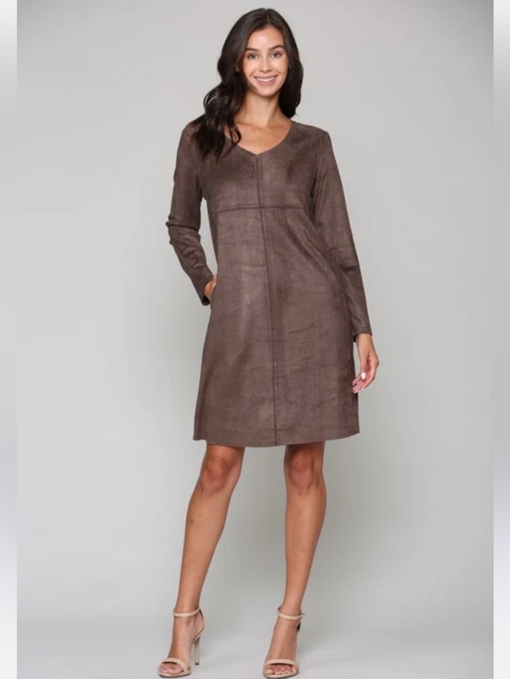 NWT Joh Apparel Aurora V-Neck Suede Dress No Pockets Umber Brown size L